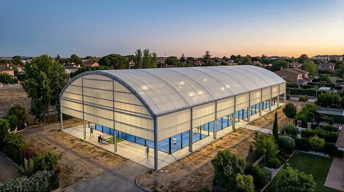 Curved roof padel building external view — indoor padel club canopy and steel structure UK installation
