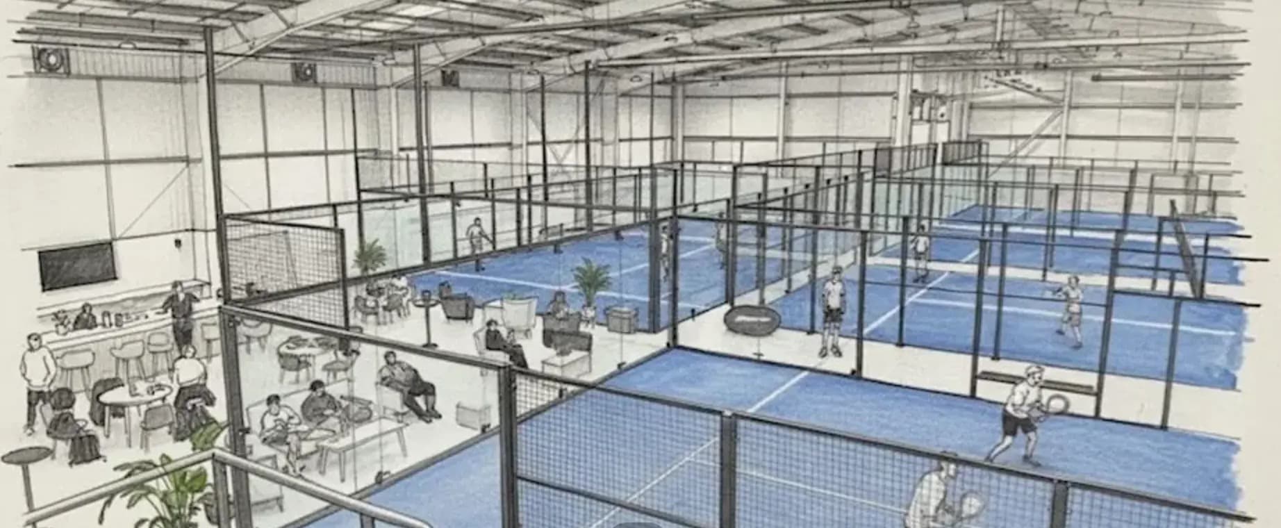 Indoor padel club facility architectural render — padel court development UK