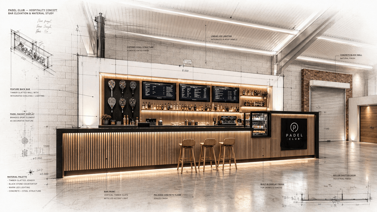Padel club interior fit out — clubhouse, changing rooms and social area for a fully equipped UK padel venue
